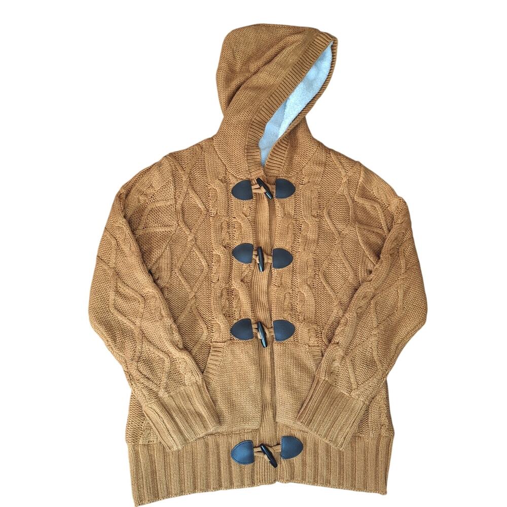 Women's Sherpa Lined Cable Knit Hooded Toggle Cardigan Jacket Tan Camel EUC - S